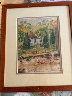 Original 1930s American Landscape Watercolor Painting – Framed Cottage Scene Art